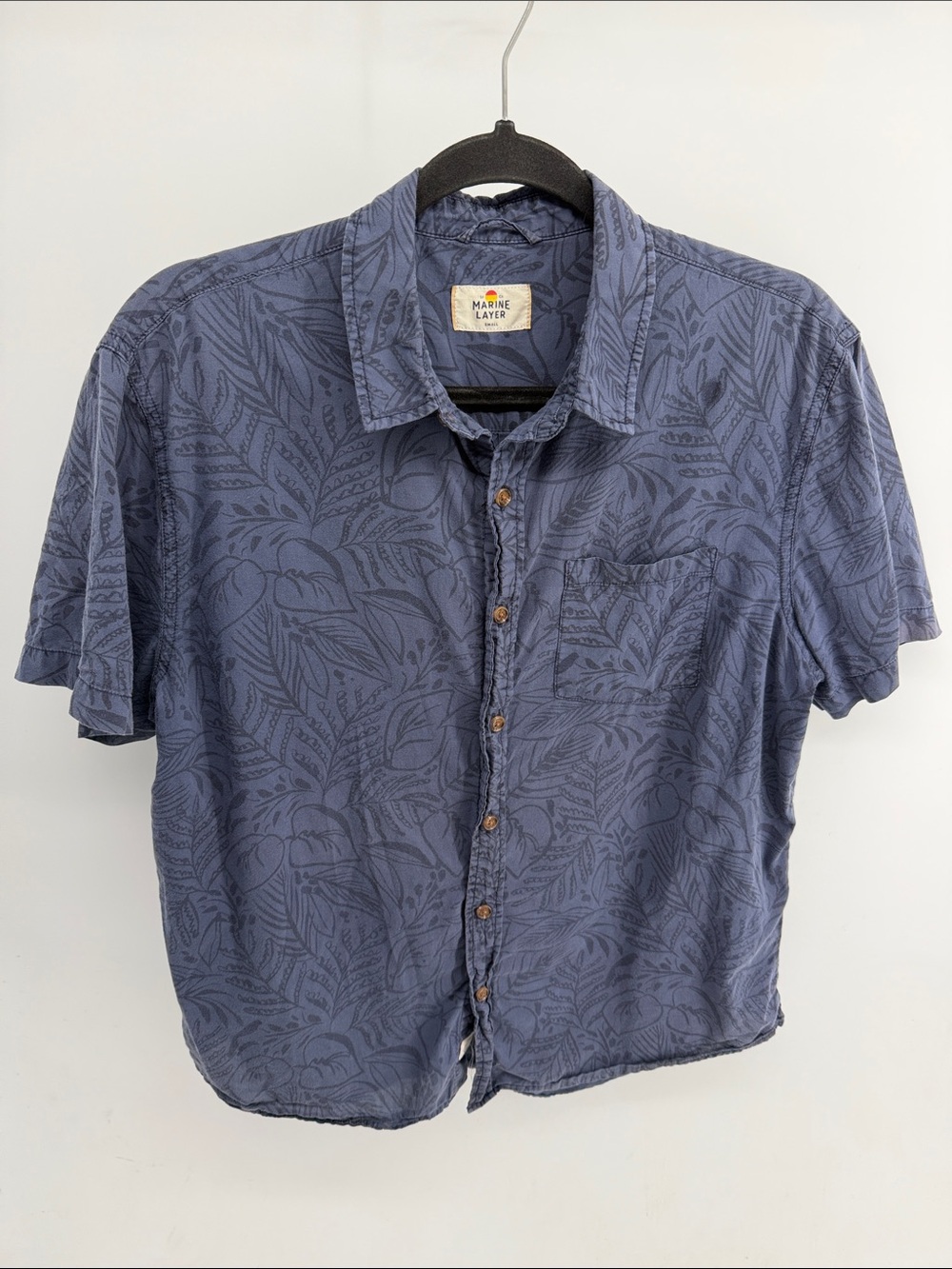 Marine Layer cotton botanical leaf print monochrome blue short sleeve shirt S
